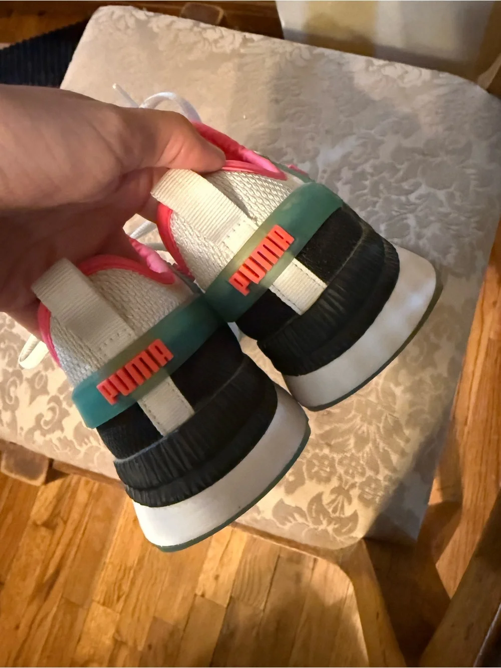 Puma White Sneakers with Mint Cage and Coral Pink Lining